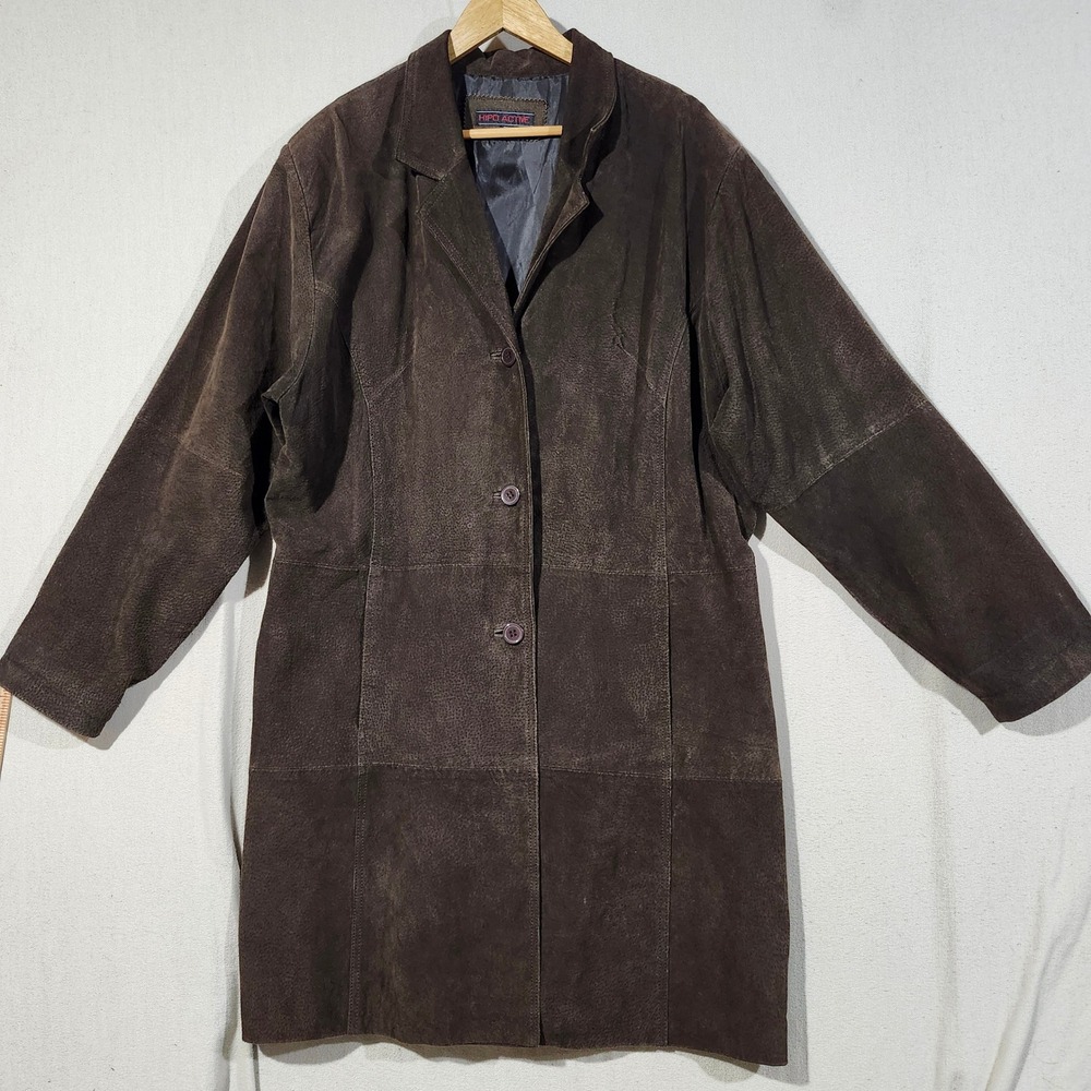 Hypo Active Womens 2X Brown Suede Leather Coat 3 Button Mid Length Jacket Fall